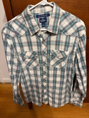 Old Navy Men's Slim Fit Teal and White Plaid Button-Down Shirt